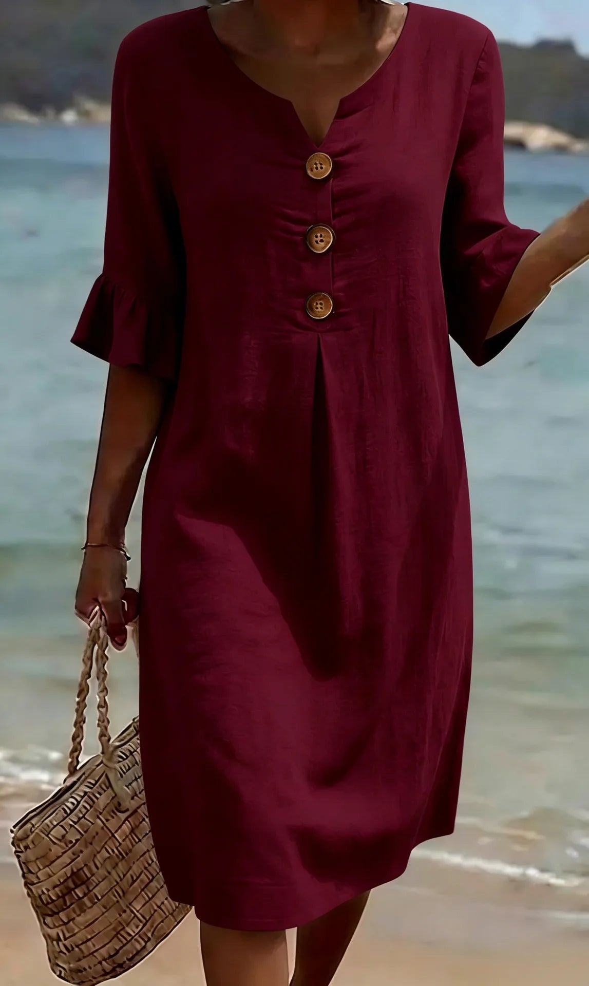 Simple Casual Women's Solid Color Midi Dress V Neck Button 3/4 Sleeve Loose 2026 New Summer Beach Vacation Dresses With Pockets