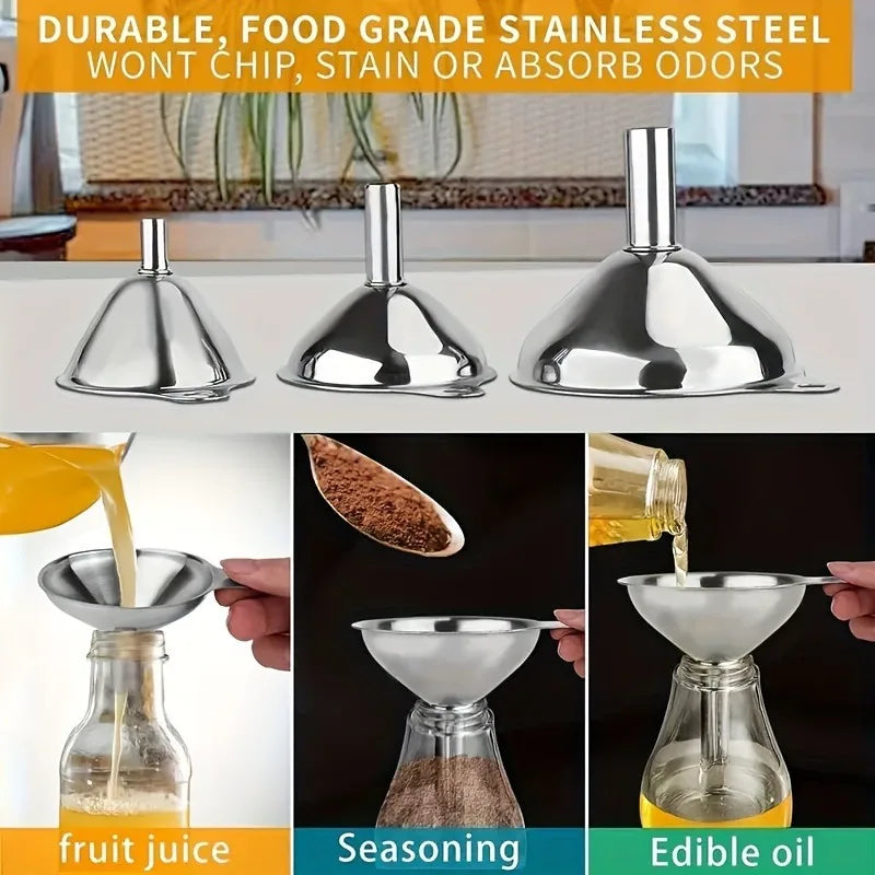 Juego de 3 embudos de cocina de acero inoxidable, embudos pequeños, embudo de boca ancha para tarros, embudo de silicona de grado alimenticio, accesorios de cocina