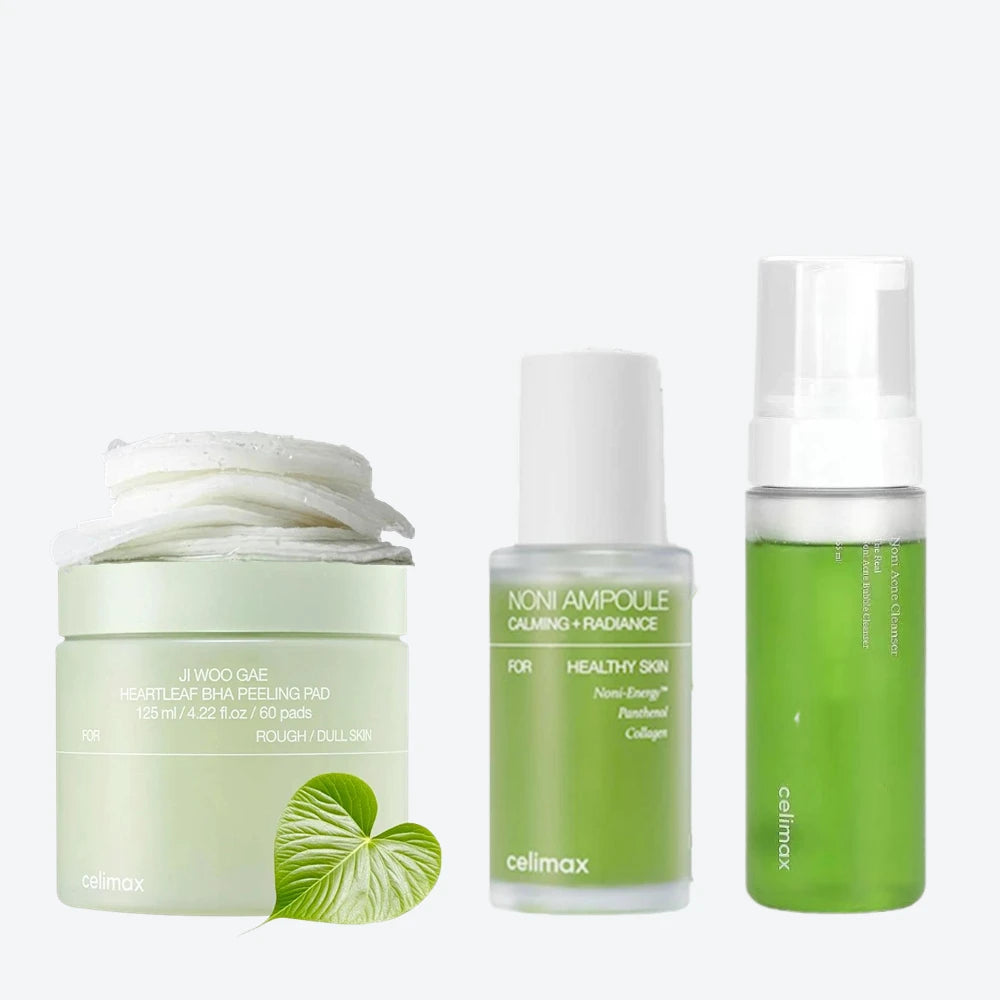 Celimax Skincare Set, Heartleaf BHA Peeling Pads, Real Noni Energy Ampoule & Acne Bubble Cleanser for Moisturizing Exfoliating