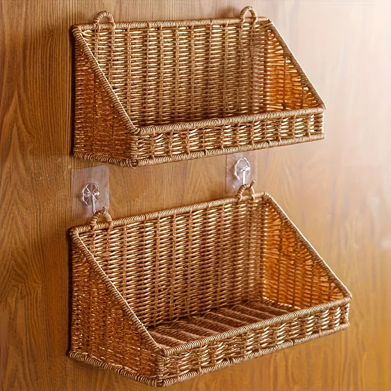 1pc Rustic Wall-Mounted Basket with Hooks - Woven Rattan Storage Hamper Suitable for Bathroom, Kitchen, Bedroom & Living Room