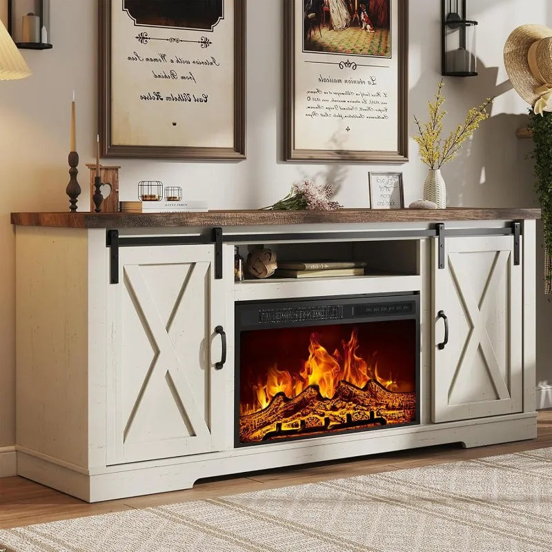 AMERLIFE Fireplace TV Stand with Sliding Barn Door Farmhouse Fireplace Entertainment Center with Storage Cabinets/Adjustable
