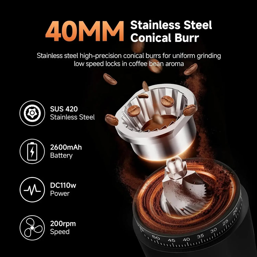 Cordless Burr Coffee Grinder, Rechargeable with 60 Grind Settings & Anti-Static, Digital Timer Touchscreen, Portable Electric