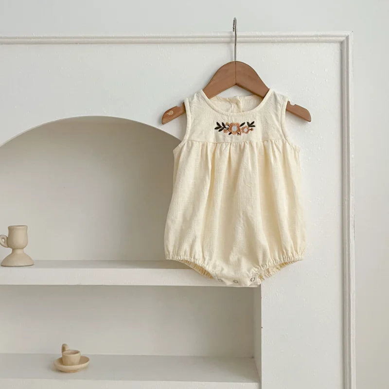 Girls Birthday Party Sisters Outfits Summer Green Apricot Floral Embroidery Sleeveless Bodysuit Vest Dress Baby Clothes H037