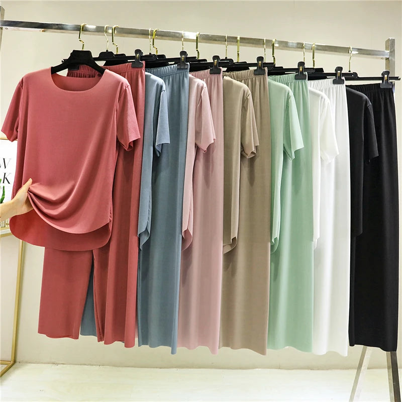 Women's Ice Silk Two-Piece Set - Round Neck T-Shirt and Loose Pants