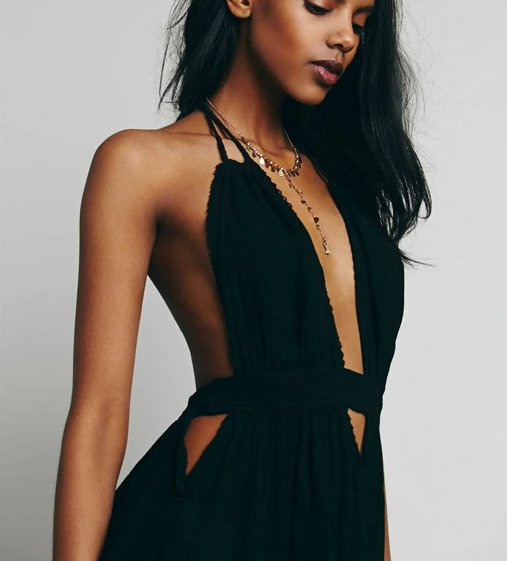 Canwedance Beach Sundress V Neck Backless Sexy Holiday Dress Cotton Maxi Dresses Boho Vestidos Vacation Strapless Dress