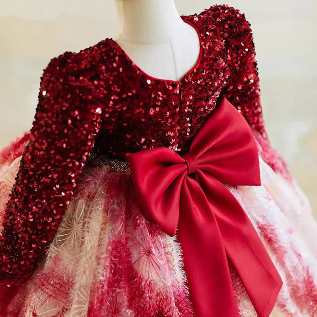 Dreamy Vow J721 Gorgeous Burgundy Girl Dress Long Sleeved Tulle Sequined Embroidered for Kids Party Knee Length Ball Gown