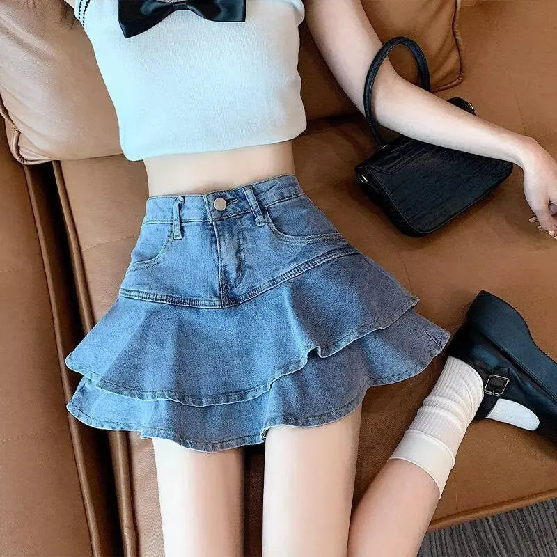 Slimming High Waist A- Line Denim Mini Skirt with Lace Hem for Women Summer Fish Tail Flared Skirt plus Size Cotton Blend