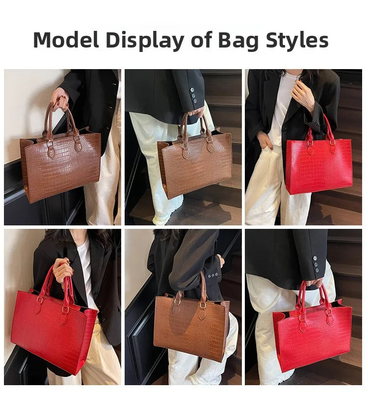 Spring 2025 Large Capacity Fashionable Handbag Casual Commuting Trendy Crocodile Pattern Tote Bag Street Style PU Material