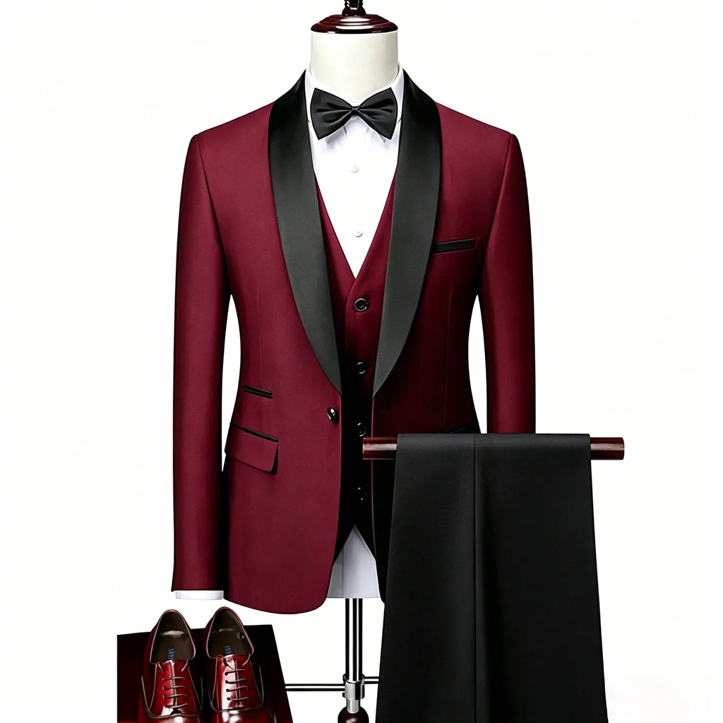 US Size XXS-3XL Men's 3 Piece Tuxedo Suit Set, Black Satin Shawl Lapel Slim Fit Blazer Vest Pants for Wedding Groom Party Prom