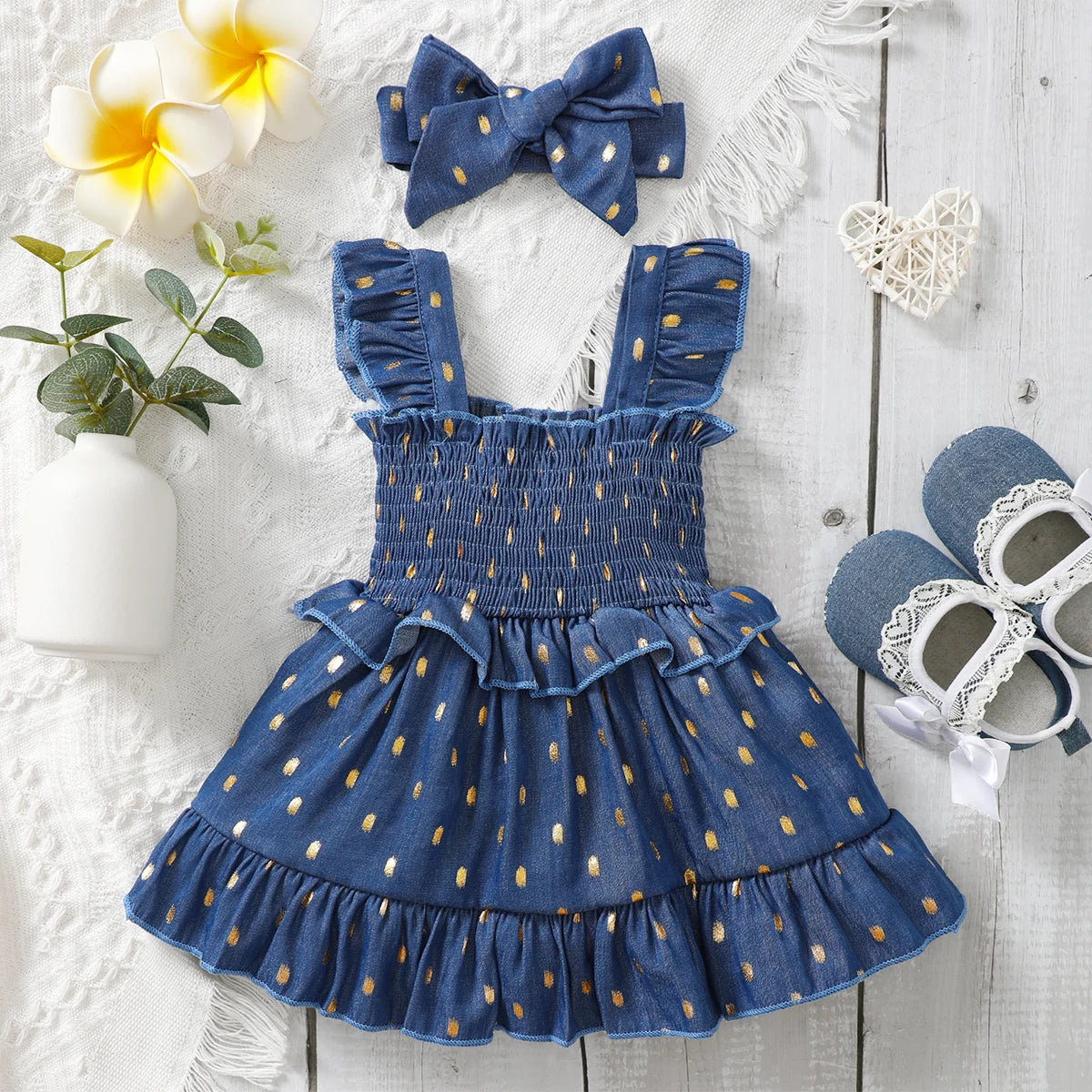 3-24Months Infant Baby Girl Dot Slip Blue Dress Toddler Girl Summer Fashion Princess Dresses With Headband 2Pcs Set