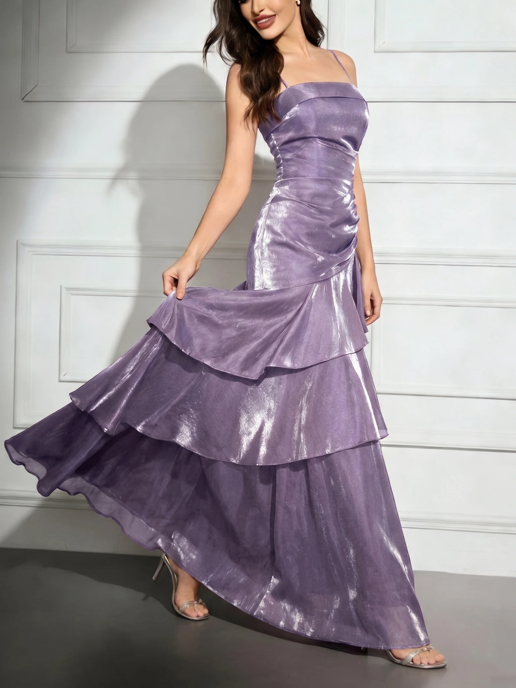 Elegant French Spaghetti Strap Maxi Evening Party Dress Women Slim Fit Ruffle Hem Party Prom Dresses Banquet Gown Wedding Guest