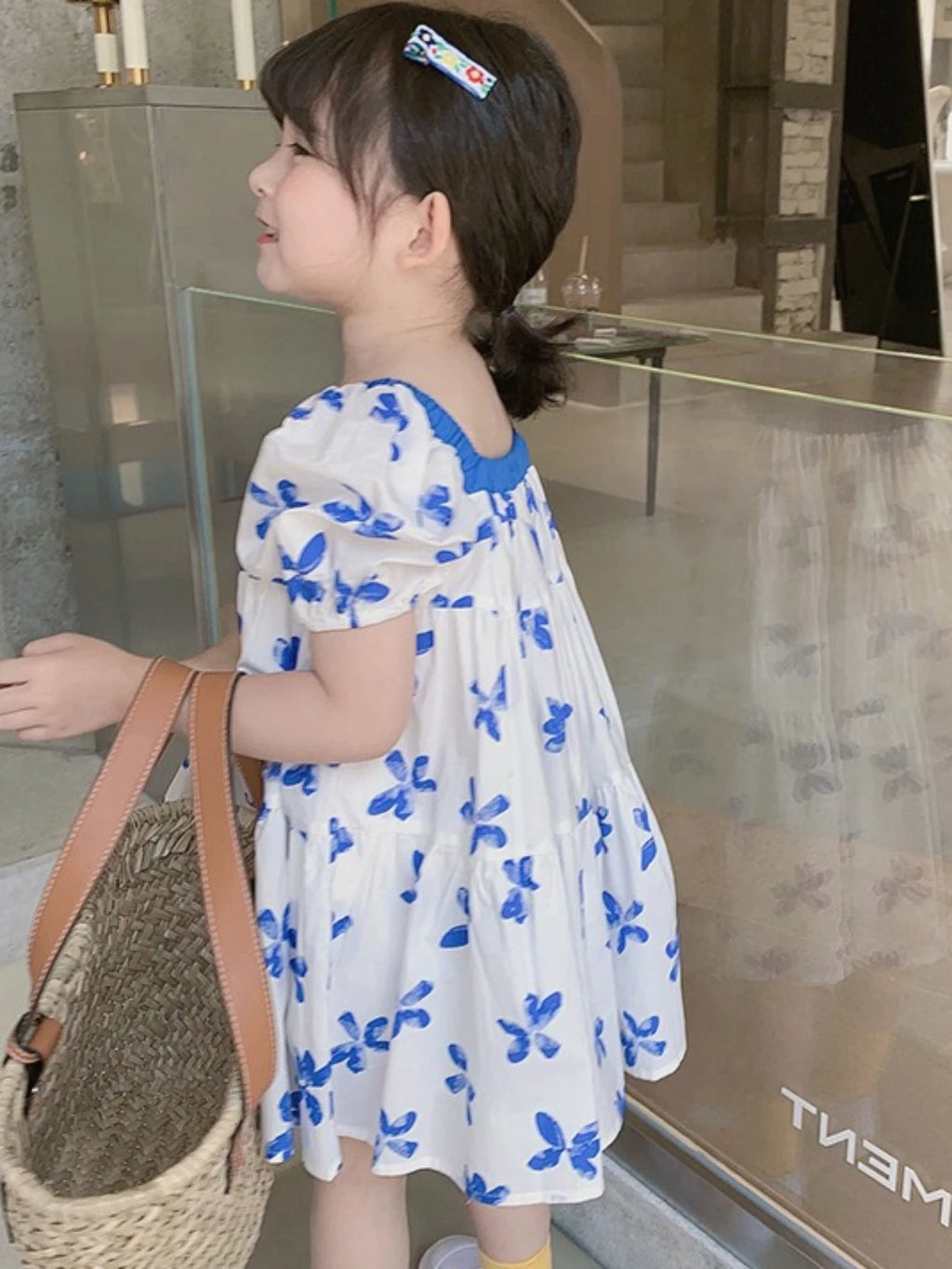 Girls Summer Blue Butterfly Print Dress – Square Neck Puff Sleeve Princess Dress, Korean Style Kids Fashion
