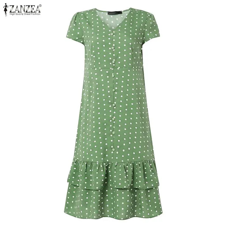 ZANZEA Summer Polka Dots Printed Women Dress Elegant Casual Holiday Beach Ruffled Sundress V Neck Short Sleeve Work Midi Dresses