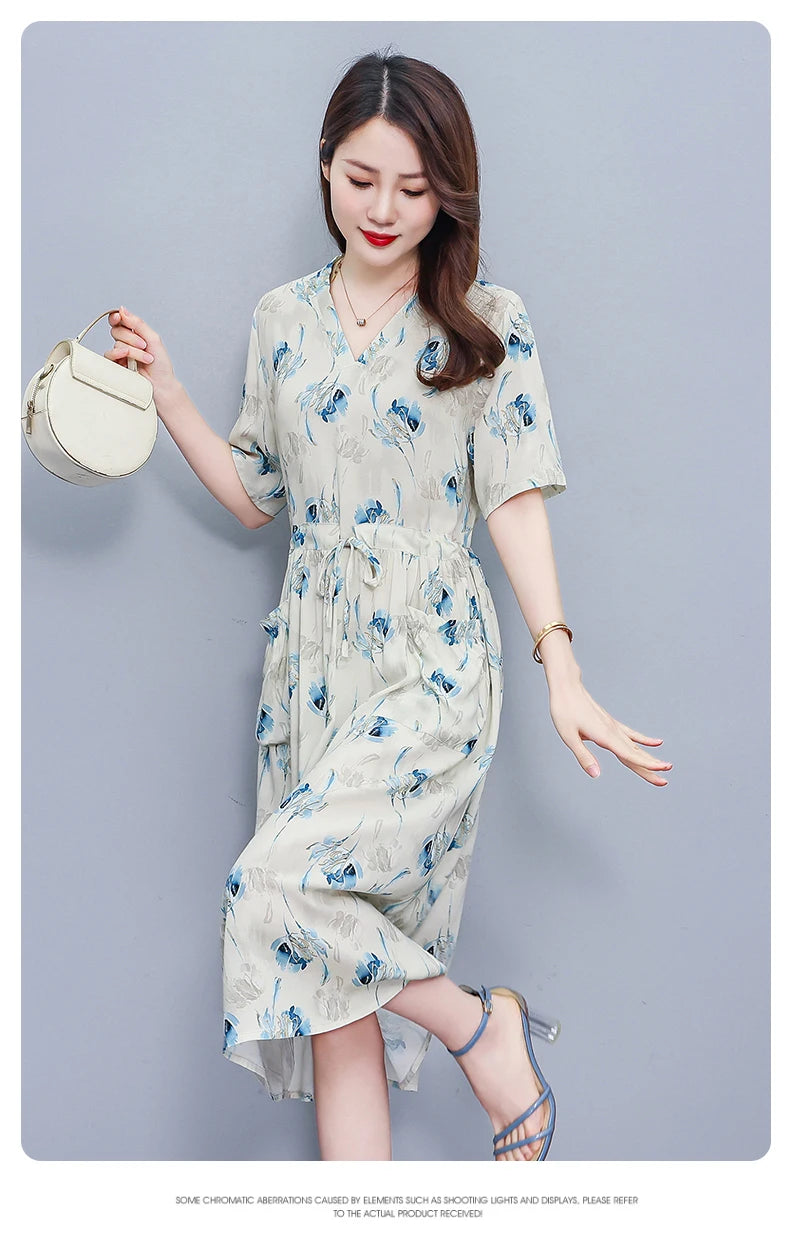 New Fashion 2025 Summer dresses For Women V-Neck Plus Size Woman Cothing Loose Short Sleeve Women Print Dresses