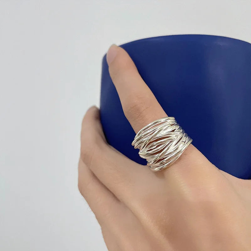 Panjbj 925 Sterling Silver Lines Ring For Women'S Jewelry Finger Adjustable Open Vintage For Birthday Dropship