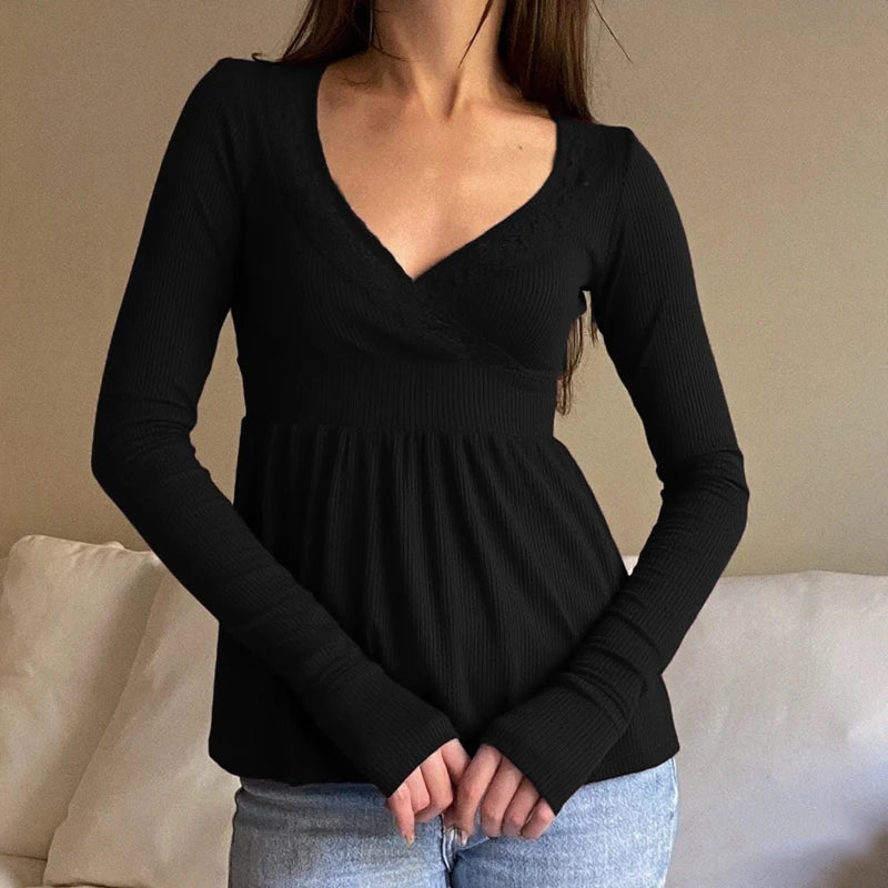 Maemukilabe Women's V-Neck Long Sleeve T-Shirt - Vintage Y2k Style