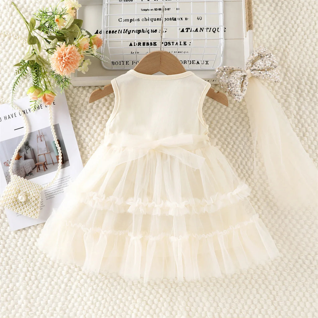 2026 New Summer 1-5Y Childrens Dress Sequin Tulle Sleeveless Girls Dress with Bow Decorations and Matching Sequin Veil