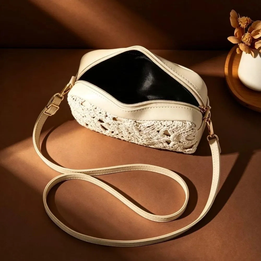 New Bohemian Style Hollow Square Bag PU Leather Ajustable Strap Crossbody Bag Zipper Clousure Boho Beach Bag Vacation Outfits