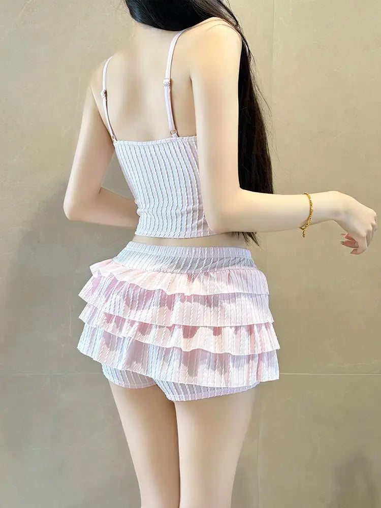 Korean Fashion Sweet Sexy Bikini Swimsuit 2000s Beach Party Style Vintage 2 Pieces Set Y2k Solid Beach Halter Swimwear Suit Chic