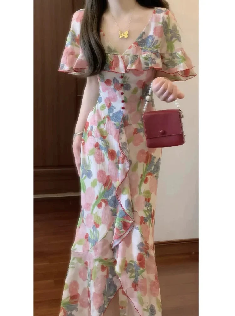 Romantic Elegant Vintage Floral Print Women's Dress Summer Slimming Long Skirt High Waist Short Sleeve A-Line Midi Dress