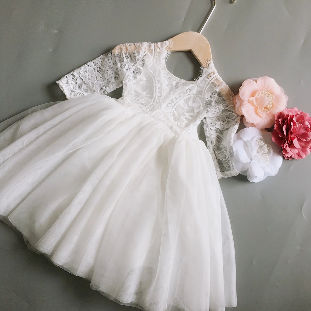 Toddler Girl Ruffles Bridesmaid Dress for Kids Lace Open Back Long Sleeve Tutus Flowers Girls Wedding Costume Clothing