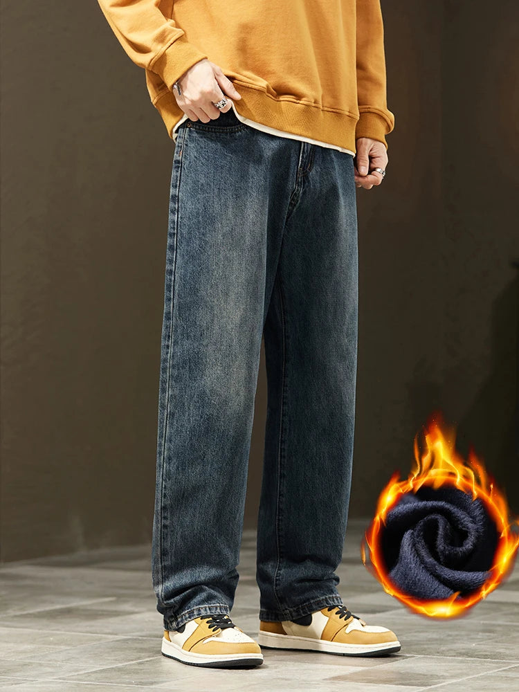 Winter Jeans Warm Fleece Thick Men's Wide Legs Denim Pants Fashion Loose Straight Retro Plush Velvet Casual Trousers Streetwear