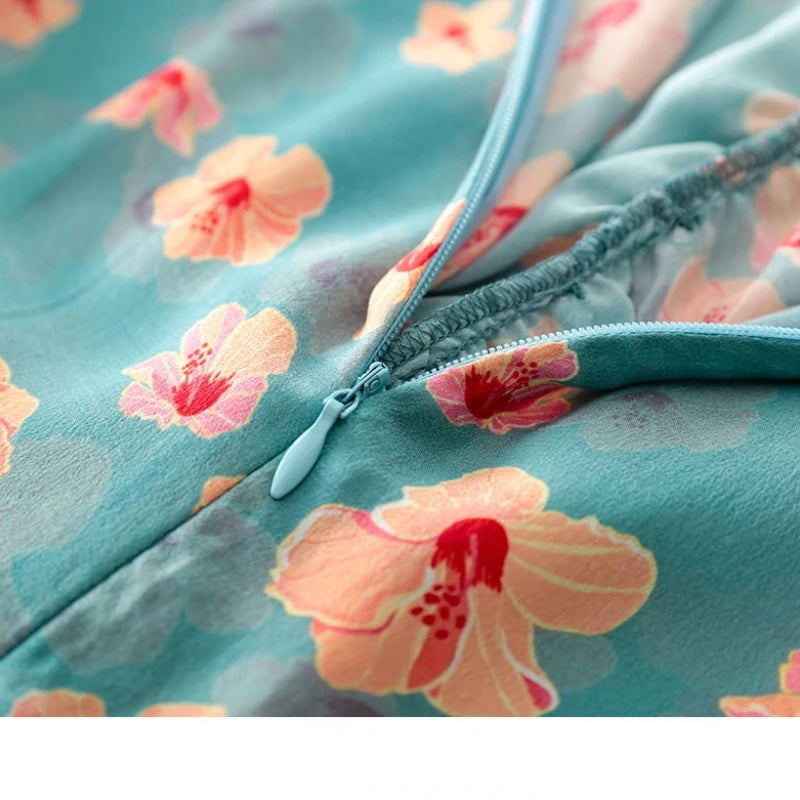 Women's Summer Floral Chiffon Lotus Leaf Dress 2021 New Fashion Print Temperament Belt Chic Female Dress Vestido Feminino Dress