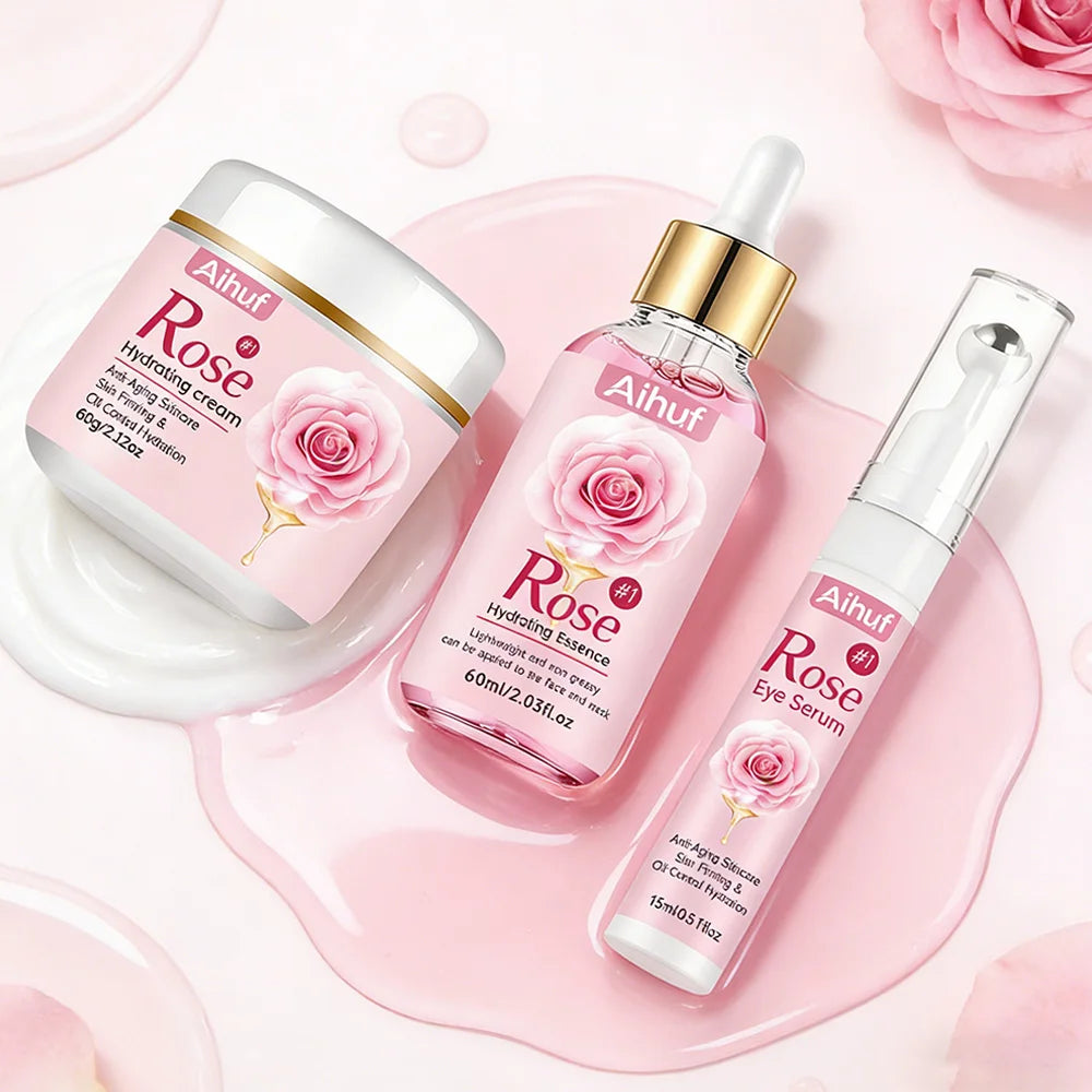 AIHUF Anti-Aging Facial Skincare Set with Rose Day Night Cream And Eye Cream for Dark Circles Puffiness Moisturizing And Firming