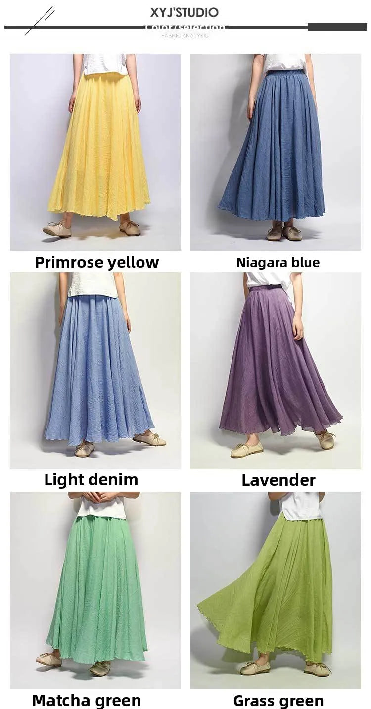 New In 2026 Spring Summer Woman Cotton Linen Midi Skirt Solid Color Loose Flared Pleated A-line Skirt Female Sweet Elegant Skirt