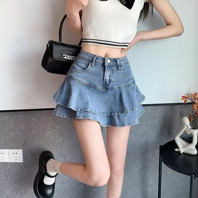 Slimming High Waist A- Line Denim Mini Skirt with Lace Hem for Women Summer Fish Tail Flared Skirt plus Size Cotton Blend