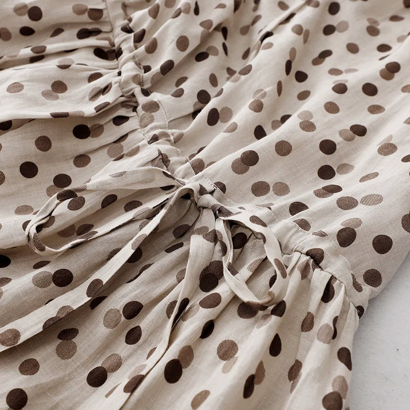 Elegant Large Size Slimming Women's Spring Summer New Hemp Polka Dot Print Artistic Temperament Dress Cotton Linen Material