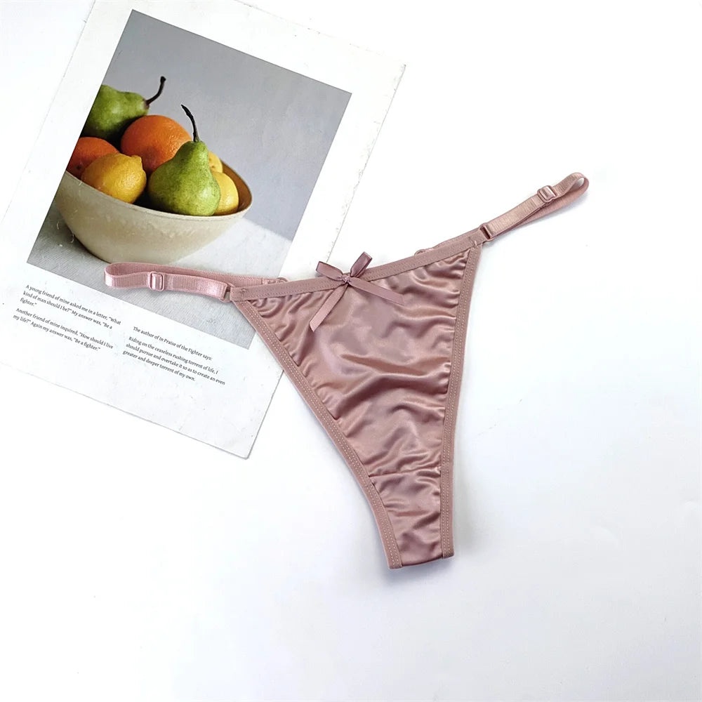 3PCS/Set Glossy Satin Pink Thong Adjustable Low Waist Women Smooth Silk G-string Sexy Plus Size Panty Set Underwear