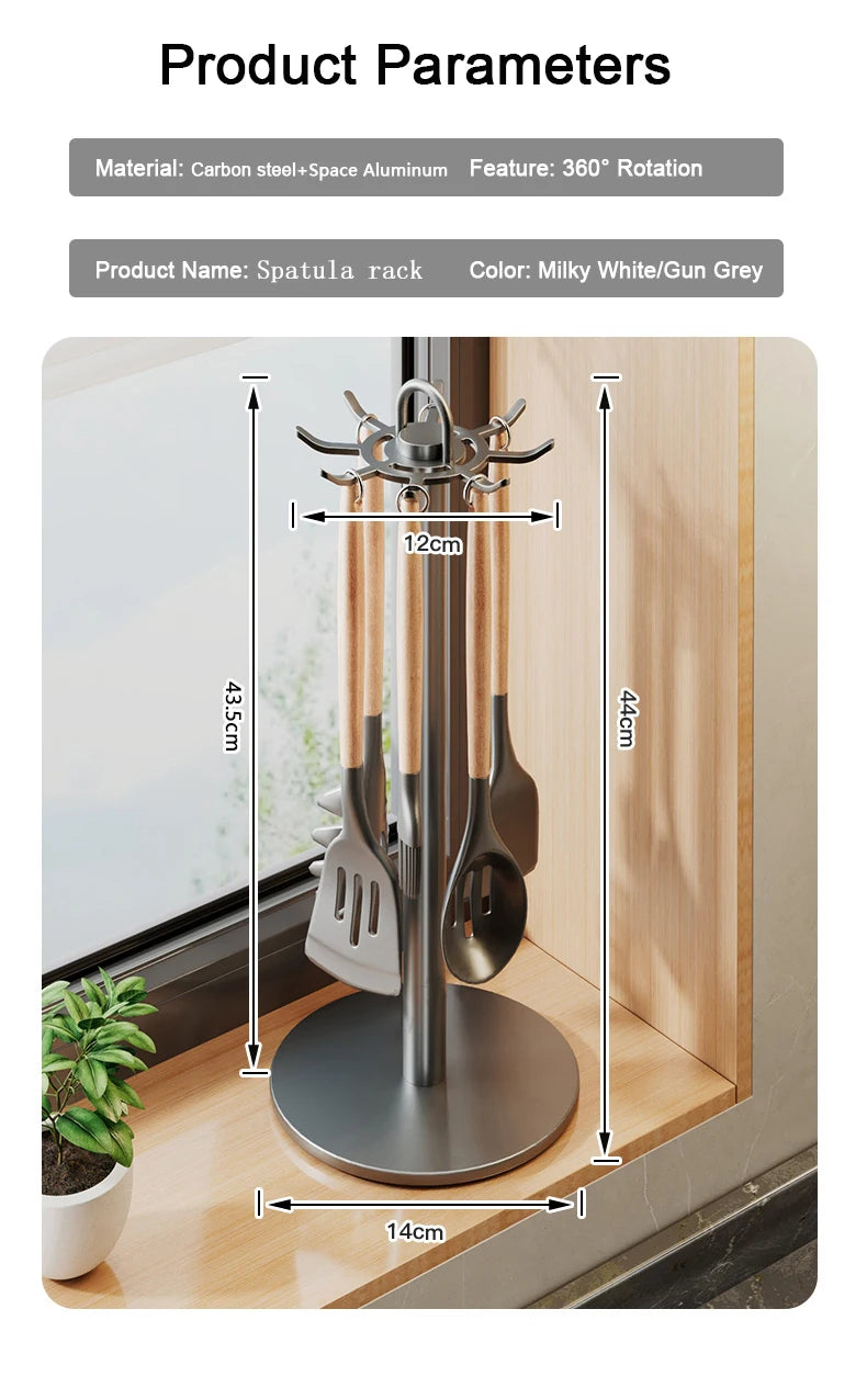 Soporte para utensilios de cocina: colgador de almacenamiento giratorio con 8 ganchos, para organización de encimeras, soporte giratorio para utensilios de cocina