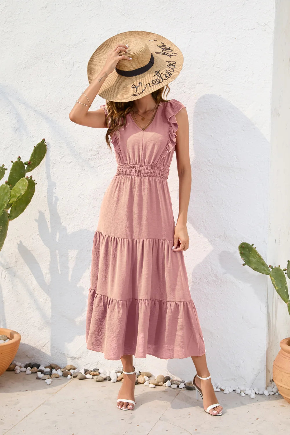 VigoCasey 2026 Summer Female Solid Long Dress Women Sexy Ruffle Sleeveless V Neck Long Dress Lady Casual High Waist Dresses
