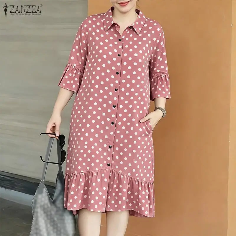 ZANZEA Summer Elegant Lapel Neck Short Sleeve Sundress Polka Dots Printed Women Dress Stylish Casual Holiday Beach Midi Dresses