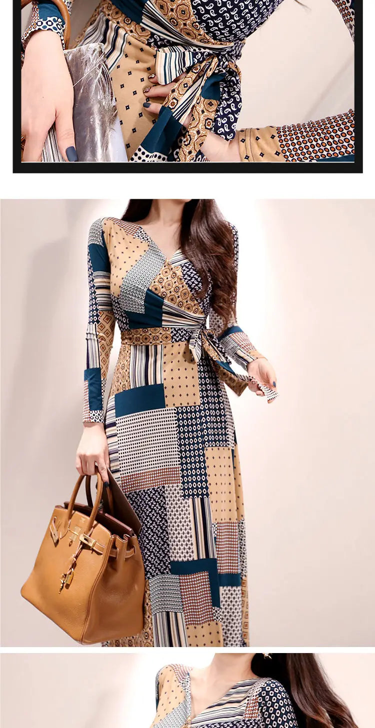 Vintage Print V-neck Lace-Up Maxi Dress | Korean Slim Long Sleeve.