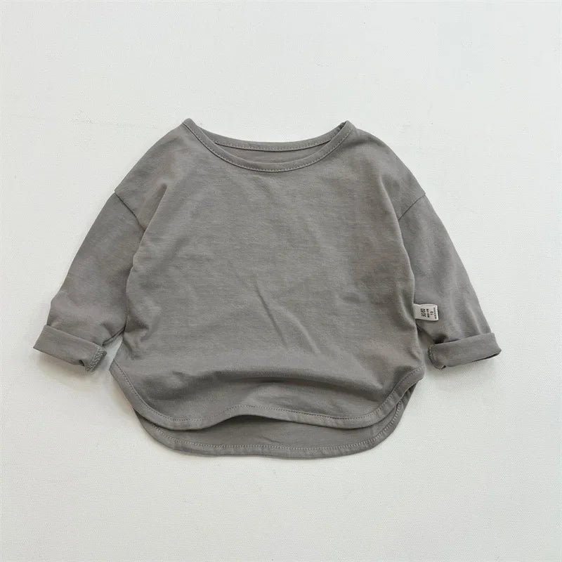 Children's Long Sleeve Cotton T-Shirt - Unisex Solid O-Neck Top