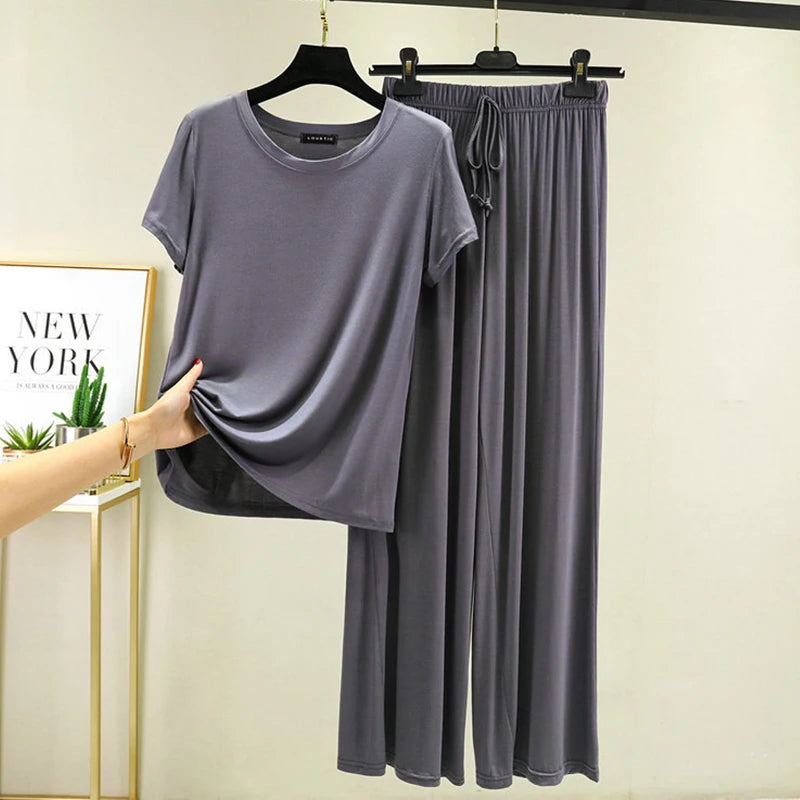 Women's Modal Pajama Set - Wide Leg Pants Casual Lounge Wear