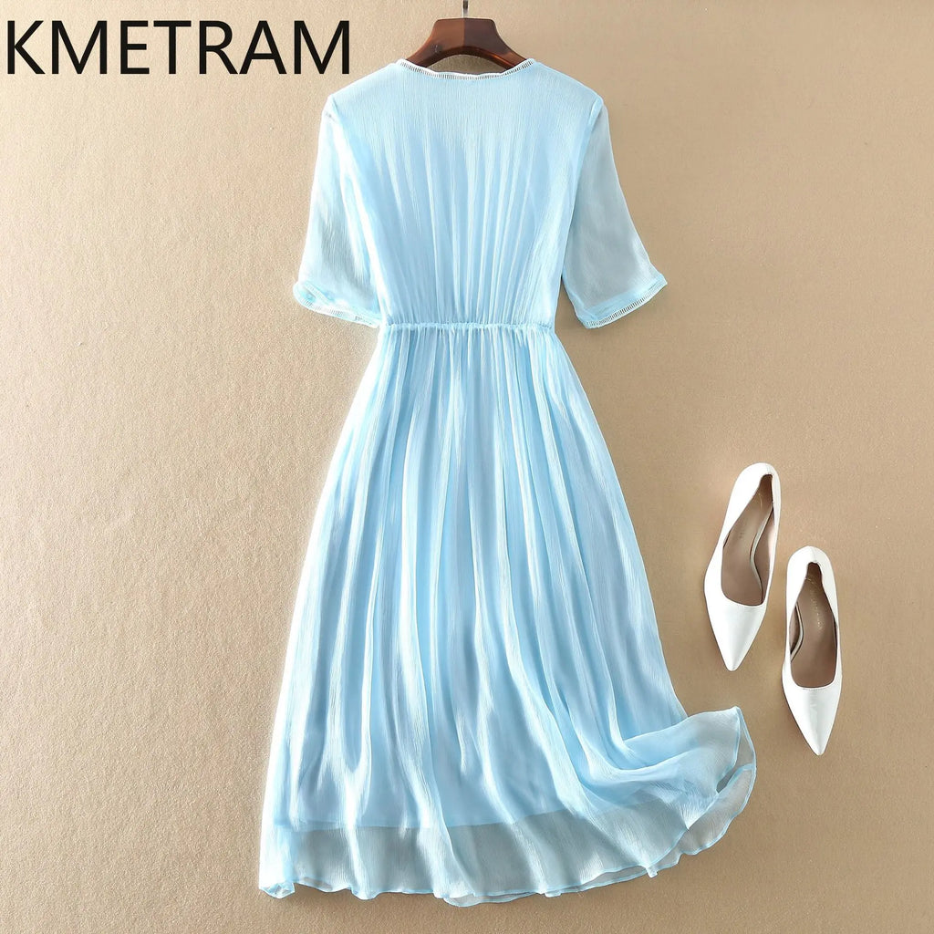 KMETRAM 100% Natural Mulberry Silk Dresses 2025 Woman Summer Elegant V-neck Long Dress Party Frocks Women Clothing Vestidos