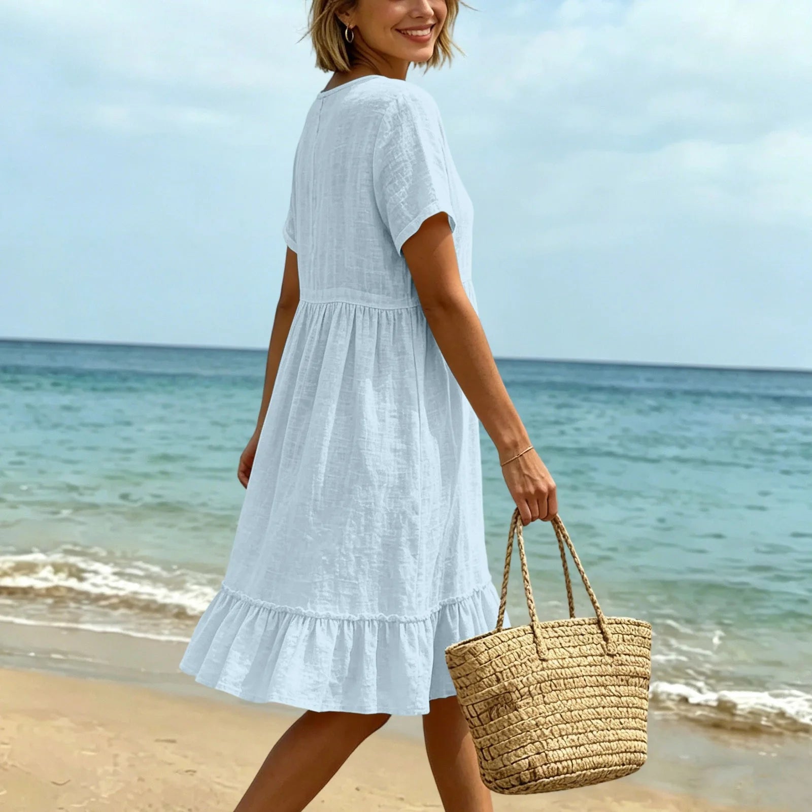 Women Casual Summer Dress Round Neck Front Button Down Short Sleeve Loose Midi Dress Solid Ruffle Hem Beach Cotton Linen Dreses