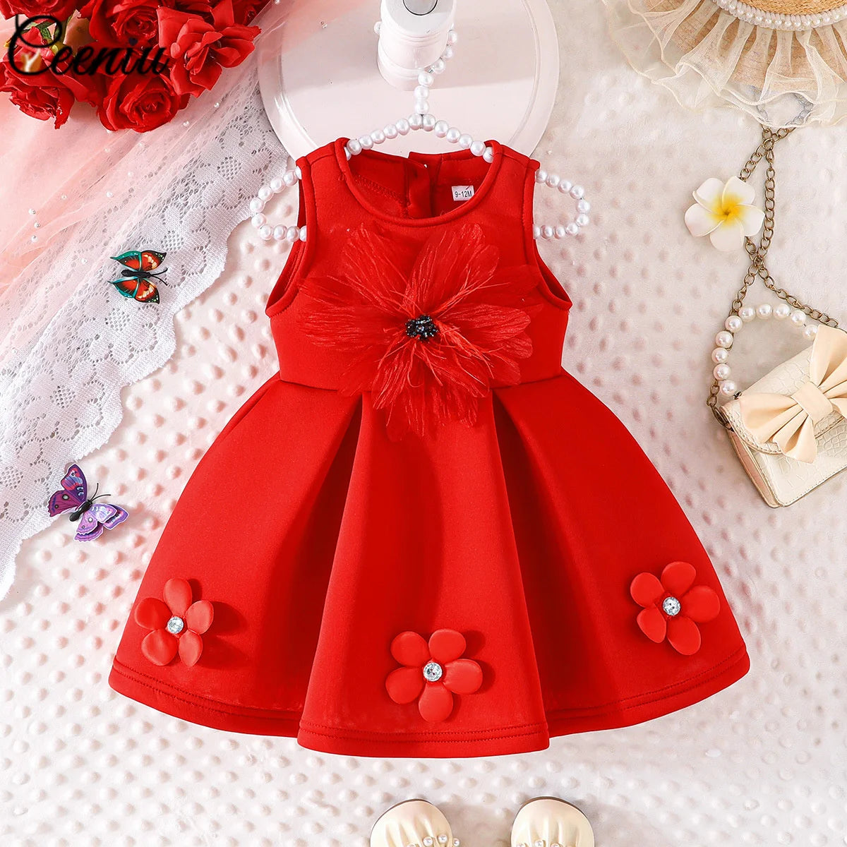1-5Y Toddler Girl Party Dresses Sleeveless Front Fashion 3D Mesh Flower Dress For Girls Baby Kids Clothes Girls Birthday Gown