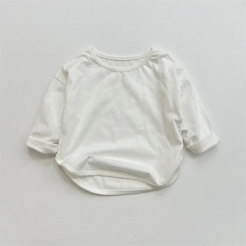 Children's Long Sleeve Cotton T-Shirt - Unisex Solid O-Neck Top