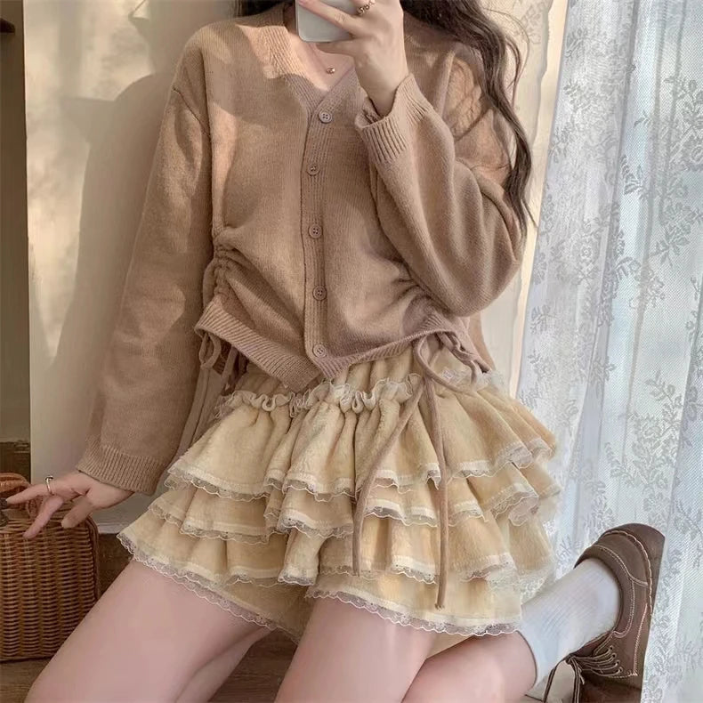 Autumn Winter Warm Lolita Safety Short Pants Women Sweet Chic Plush Bloomers Japanese Y2k Lace Bow Knickers Harajuku Cute Shorts