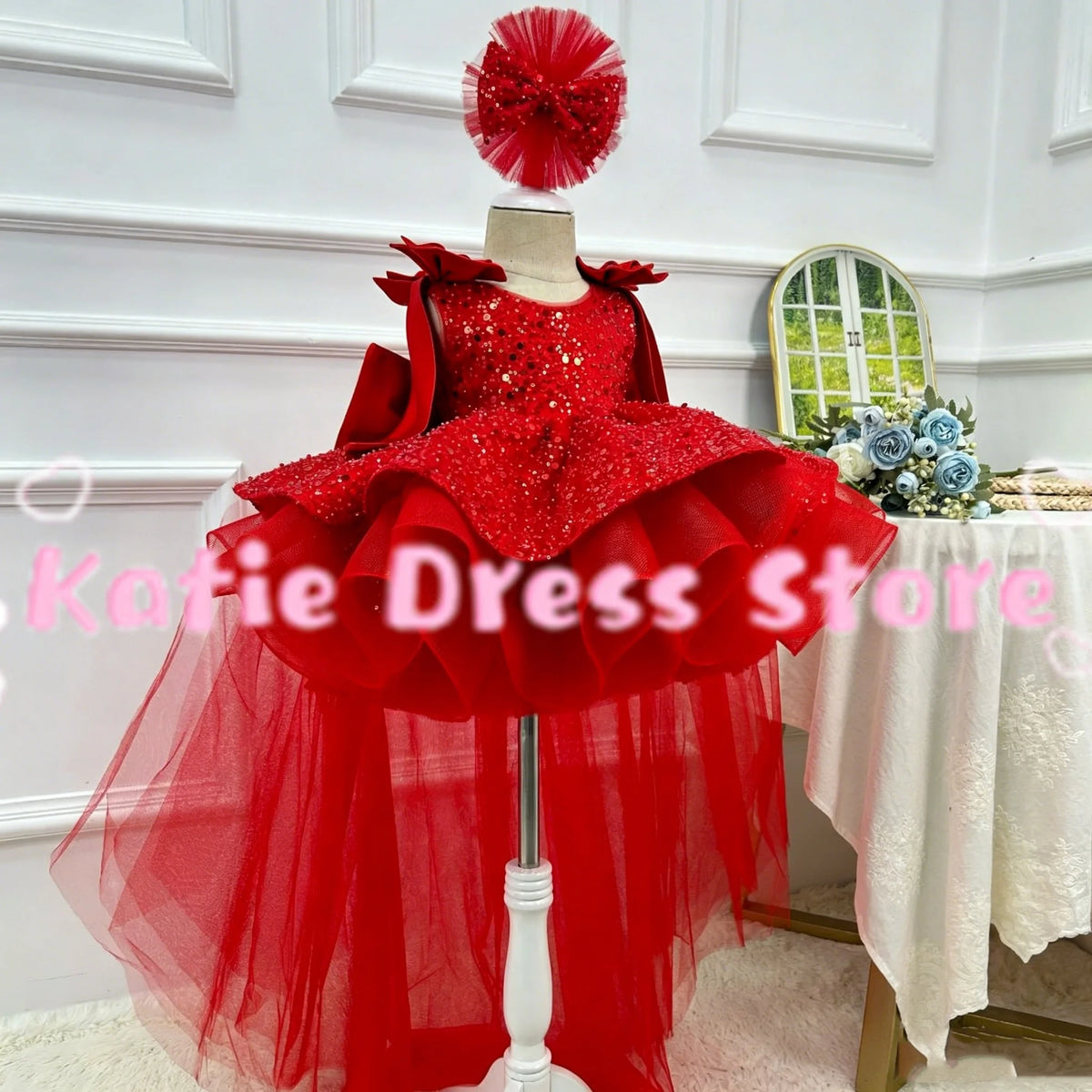 Customized Shiny Flower Girl Dress For Wedding Tulle WIth Bow Puffy Sequins Puffy Kids Birthday Party First Communion Ball Gowns