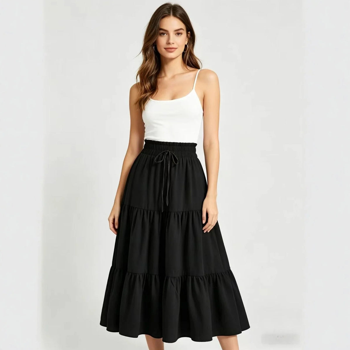 Elegant High Waist A-Line Midi Skirt with Drawstring Pure Color Women's Fashionable Versatile Half-length Skirt for Casual Tr...