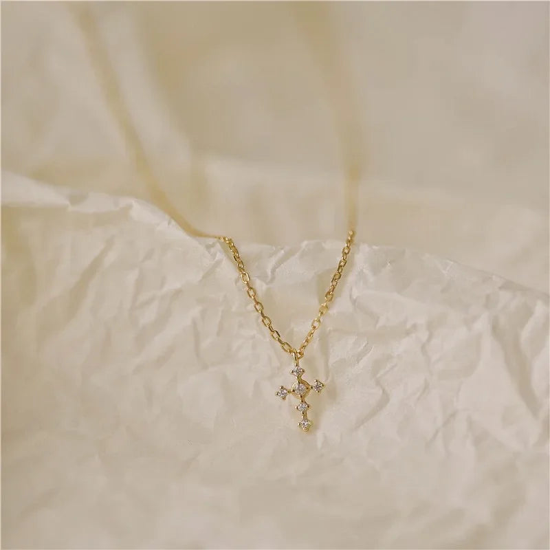 925 Sterling Silver Mini Crystal Cross Pendant Necklace For Women'S Choker Chain Wedding Jewelry