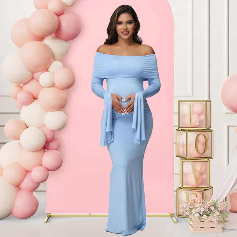 Off - Shoulder Bodycon Maternity Maxi Gown | Baby Shower Photoshoot