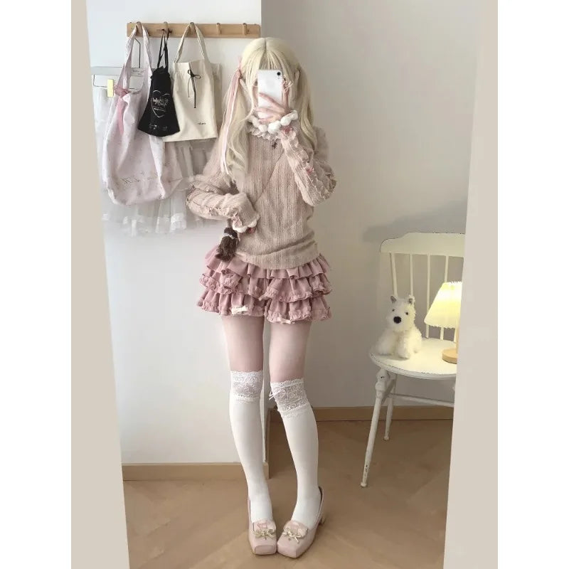 Y2K Sweet Ruffles Mini Skirt Women Kawaii Lolita Bow A Line Skirts Harajuku Japanese Cute High Waist Pink Blue Cake Skirt