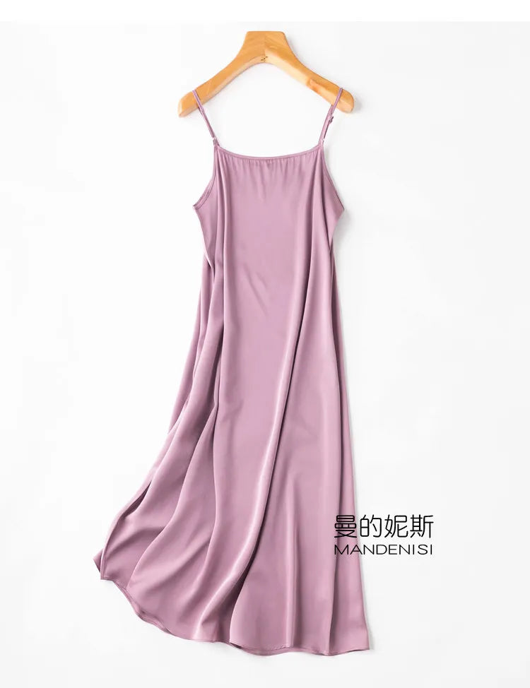 Tcyeek Women Silk Dress 93%Silk 7%Spandex Spaghetti Strap Mid Dresses 2024 Summer New Clothes Blue