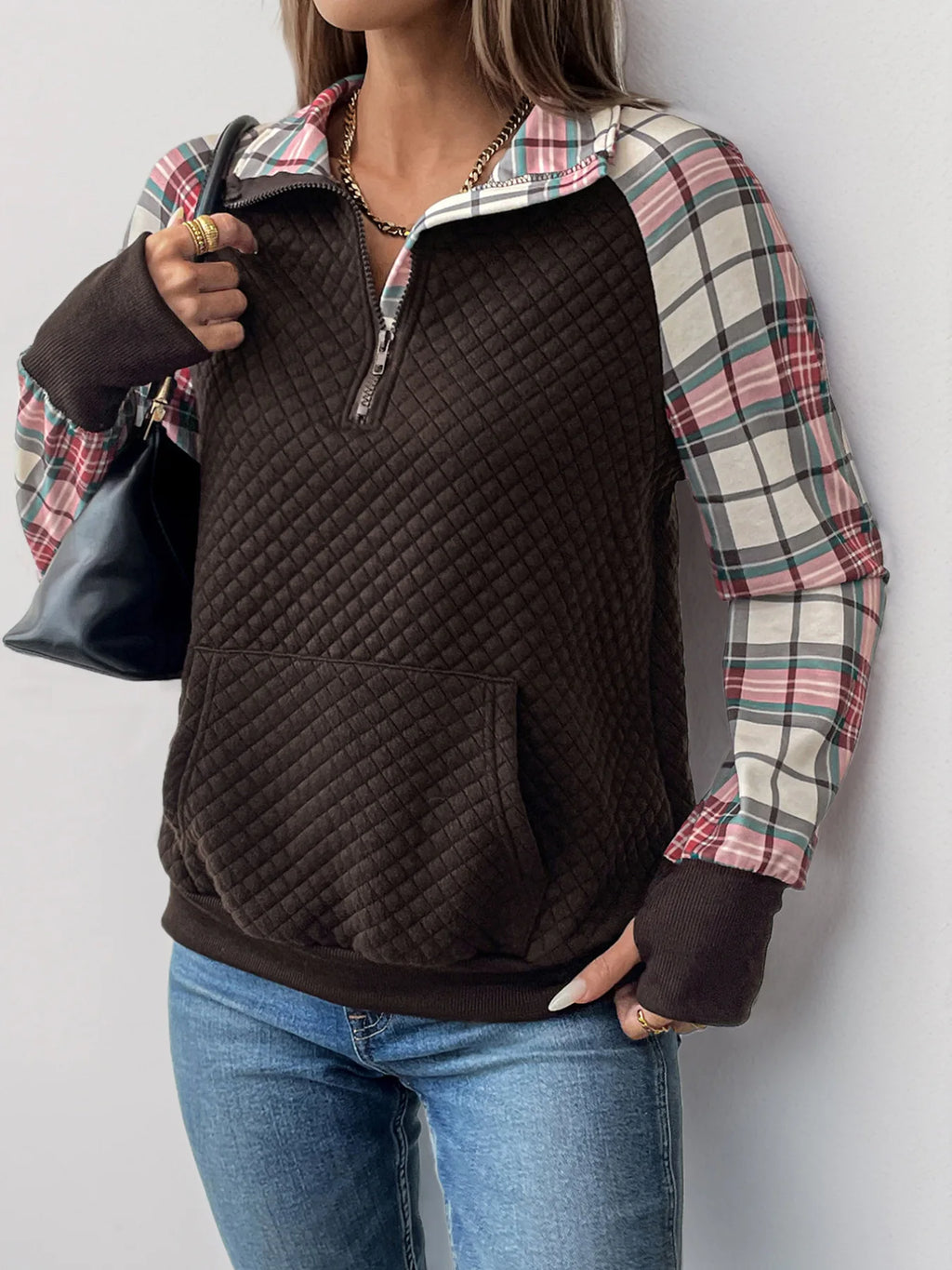 Women's Quilted Half Zip Pullover Plaid Sleeve Kangaroo Pocket Sweatshirt 2026